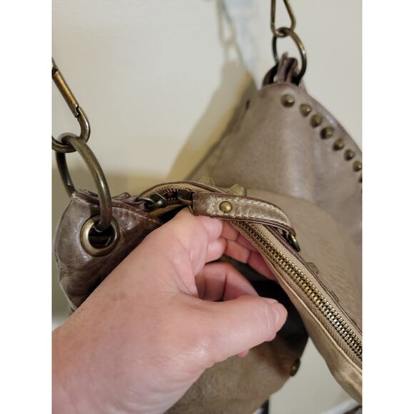 Nu G Women Shoulder Crossbody Bag Studded Pebbled Finish Adjustable Strap Taupe - Picture 4 of 15